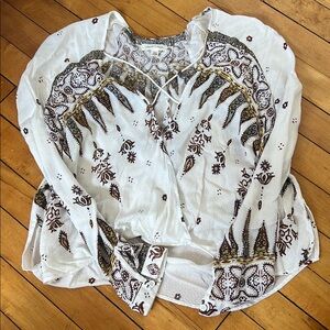 Urban Outfitters White and Brown Graphic Tie Front Blouse